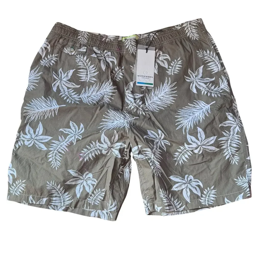 Scotch & Soda Men's Printed Poplin Bermuda Shorts Khaki Leaf Size 2XL NWT